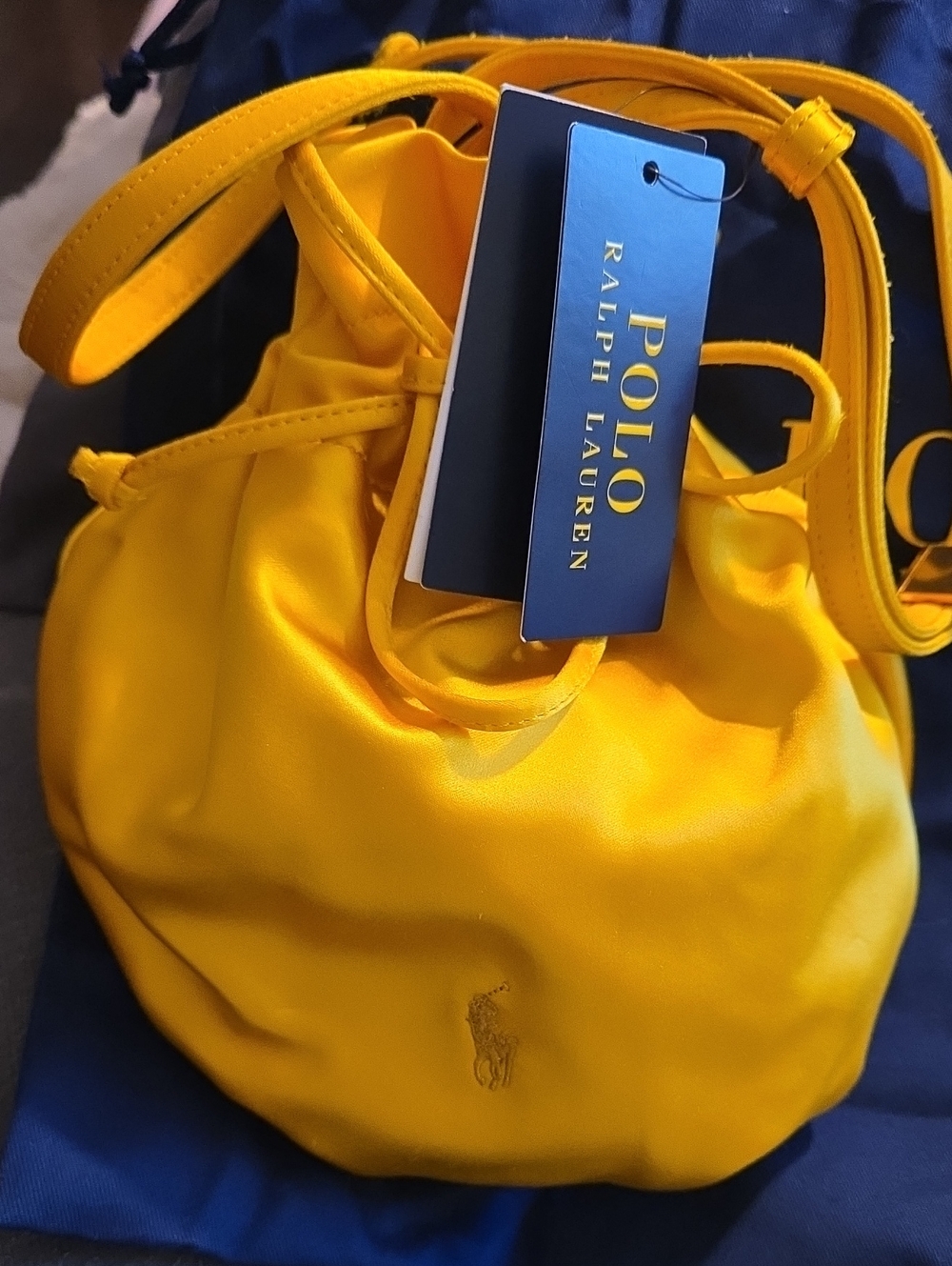 Polo Ralph Lauren Big Pony Mustard Satin Drawstring Bucket Bag